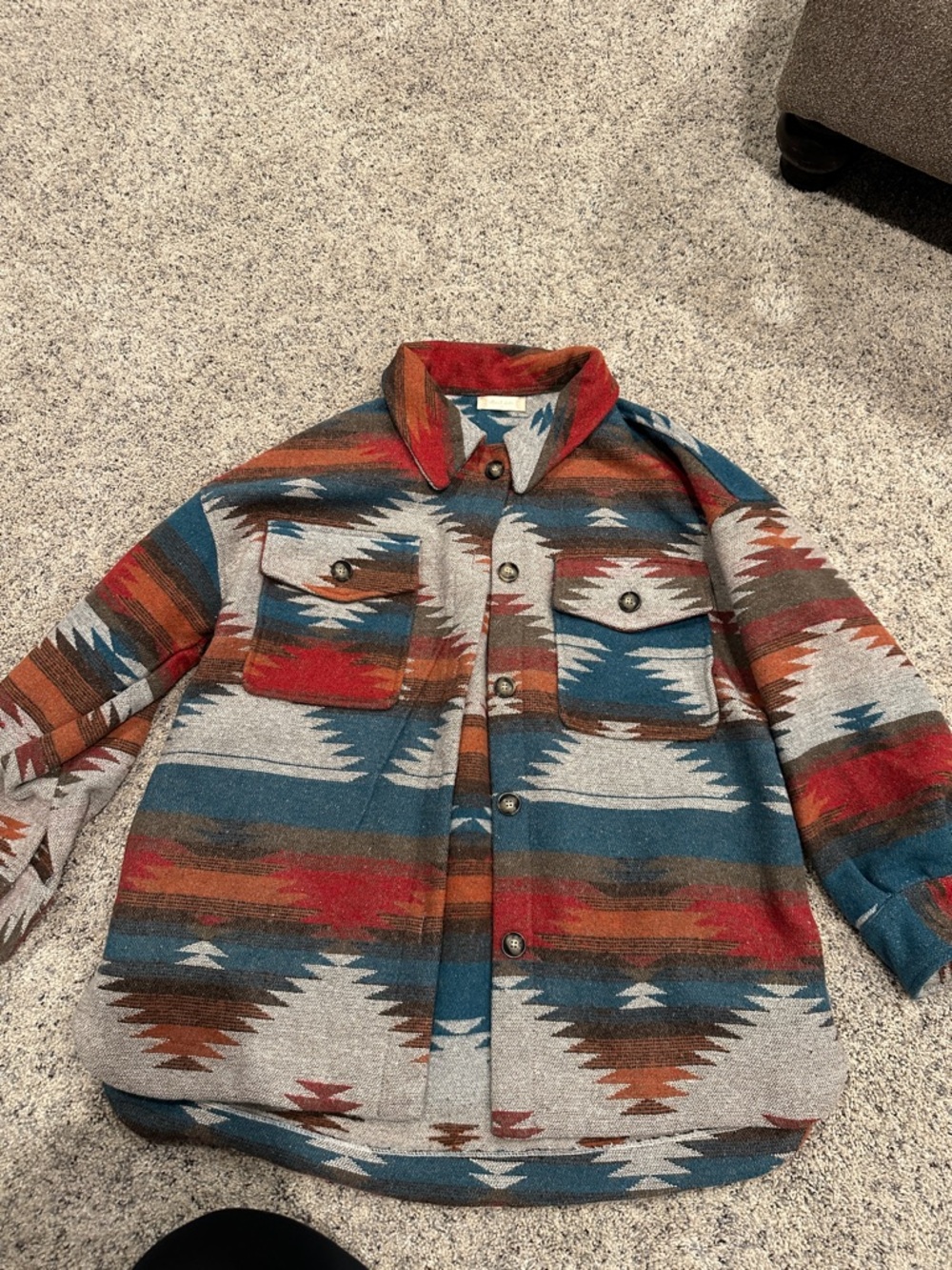 Altar’d State Pattern Button-Up Shacket in Teal & Rust